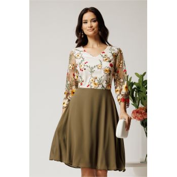 Rochie midi kaki cu fusta in clos din voal si dantela florala la bust