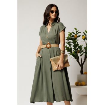 Rochie midi kaki din tencel in clos cu nasturi si curea impletita
