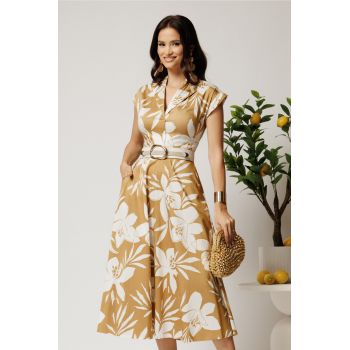 Rochie midi maro din bumbac in clos cu flori si curea in talie