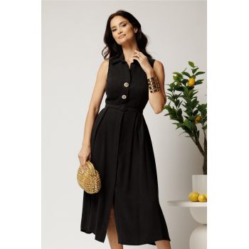 Rochie midi neagra din tencel in clos cu nasturi si curea
