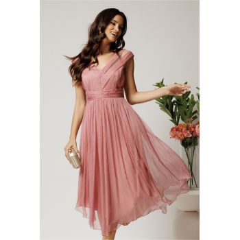 Rochie midi roz din matase naturala in clos cu baza asimetrica