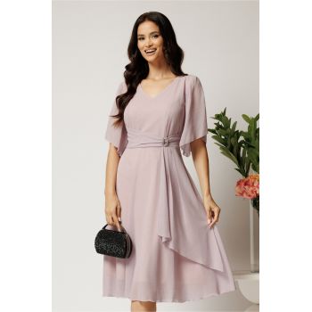 Rochie midi roz din voal in clos cu glitter si accesoriu in talie