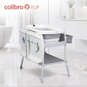Set de baie 2 in 1 cu Masuta de infasat si Cadita de baie, Colibro Flip, cu termometru, inaltime reglabila, doua roti cu frane, dimensiune 105 x 84 x 58 cm