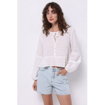 Bluza de bumbac semitransparenta cu terminatie cu volan