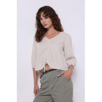 Bluza din amestec de in cu decolteu in V si mansete elastice
