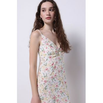 Rochie din amestec de in cu slit lateral si model floral