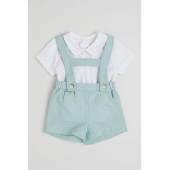 Set de salopeta si tricou polo cu model uni - 2 piese