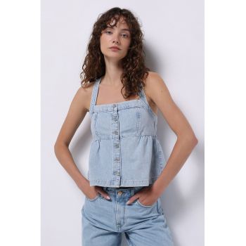 Top din denim cu decolteu patrat si nasturi