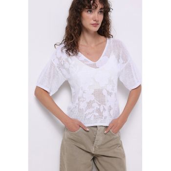 Tricou din amestec de bumbac si modal cu decolteu in V si aspect semitransparent