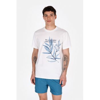 Tricou din bumbac cu model text si frunze