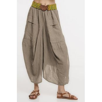 Pantaloni tip salvari din in, croiala asimetrica si buzunare, bej inchis