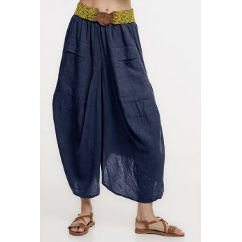 Pantaloni tip salvari din in, croiala asimetrica si buzunare, bleumarin