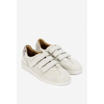 Pantofi dama  bej din piele intoarsa cu inchidere velcro