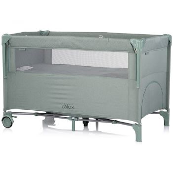 Patut pliabil Chipolino Relax Basil Linen cu laterala culisanta, intrare laterala cu fermoar, geanta pentru transport, greutate admisa 15 kg