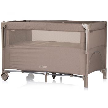 Patut pliabil Chipolino Relax Tiramisu Linen cu laterala culisanta, intrare laterala cu fermoar, geanta pentru transport, greutate admisa 15 kg