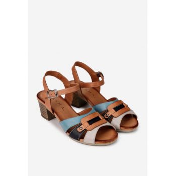 Sandale dama din piele maro cu design vibrant