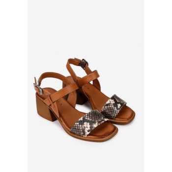 Sandale dama din piele maro cu detaliu snake print