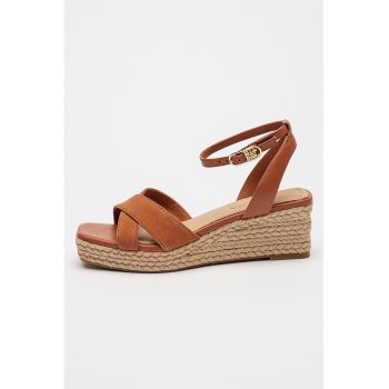 Sandale din piele si piele intoarsa cu talpa wedge
