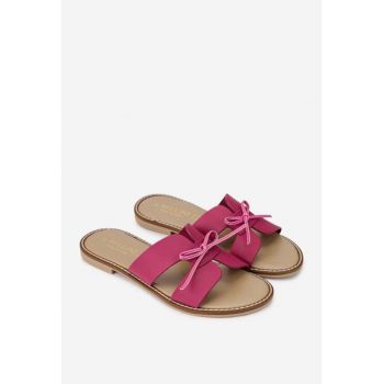 Sandale tip papuc dama din piele roz cu funda subtire
