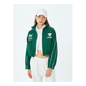 Bluza de trening crop cu fermoar si imprimeu text
