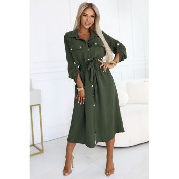 Rochie camasa midi cu nasturi aurii si cordon -