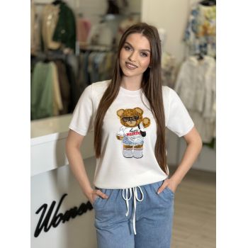 Bluza alba cu maneca scurta cu imprimeu ursulet