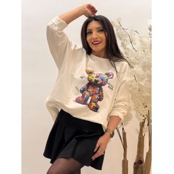 Bluza alba din bumbac asimetrica cu impimeu ursulet