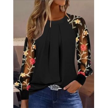 Bluza neagra eleganta dama, maneci voal cu ornament floral, model 130 ieftina