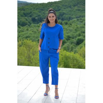 Compleu albastru cu bluza cu nastur