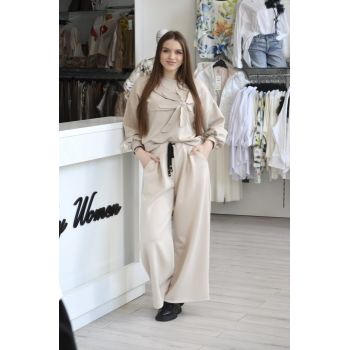 Pantaloni bej cu snur in talie Pantaloni bej cu snur in talie