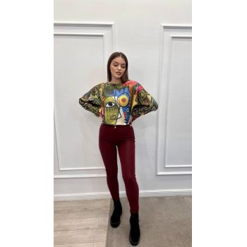 Pantaloni bordo din piele cu catarame pe laterale