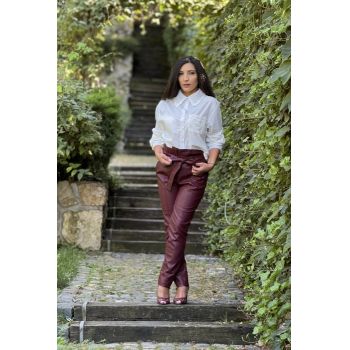 Pantaloni din piele ecologica cu cordon in talie
