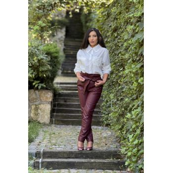 Pantaloni din piele ecologica cu cordon in talie