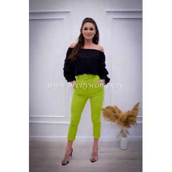 Pantaloni verde neon cu dunga si curea