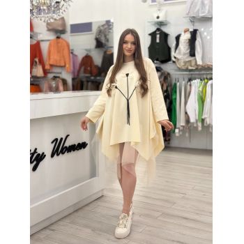 Rochie tunica crem din bumbac cu tulle si flori albe