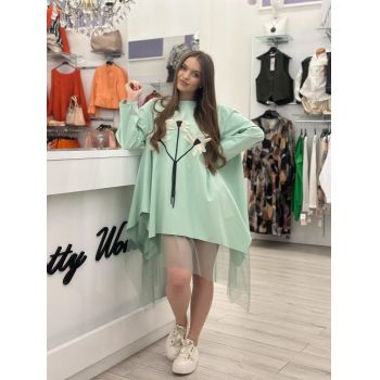 Rochie tunica turcoaz din bumbac cu tulle si flori albe