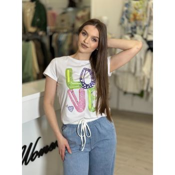 Tricou alb bumbac cu imprimeu LOVE mov si verde