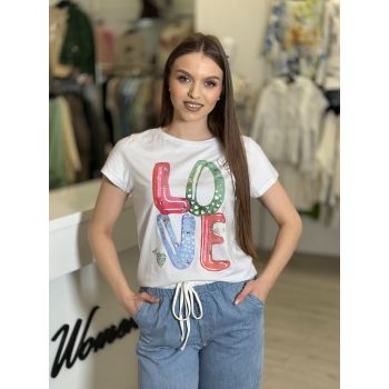 Tricou alb bumbac cu imprimeu LOVE rosu si verde
