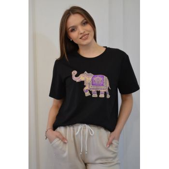 Tricou negru bumbac cu elefant mov si pietricele aplicate