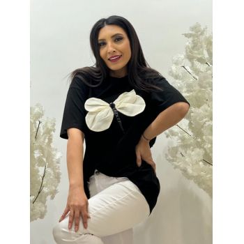 Tricou negru bumbac cu imprimeu libelula si pietricele aplicate