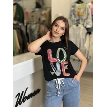 Tricou negru bumbac cu imprimeu LOVE