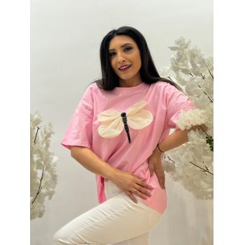 Tricou roz bumbac cu imprimeu libelula si pietricele aplicate