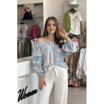 Bluza cu imprimeu bej si bleo cu maneca bufanta