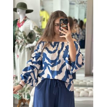 Bluza cu maneci bufante cu imprimeu bej si albastru inchis