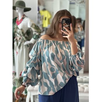Bluza cu maneci bufante cu imprimeu bej si turcoaz