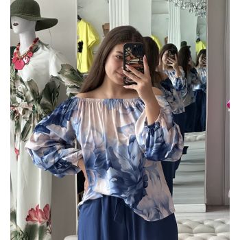 Bluza cu maneci bufante cu imprimeu floral albastru si bej