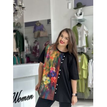 Bluza neagra din bumbac cu imprimeu floral si nasturi tip bijuterie