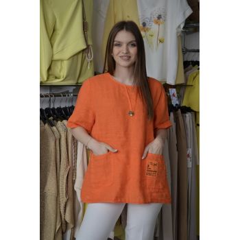 Bluza portocalie cu maneca scurta si doua buzunare