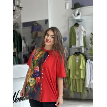 Bluza rosie din bumbac cu imprimeu floral si nasturi tip bijuterie