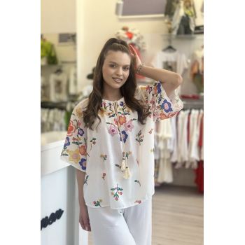 Bluza tip ie cu maneca trei sfert si imprimeu floral colorat
